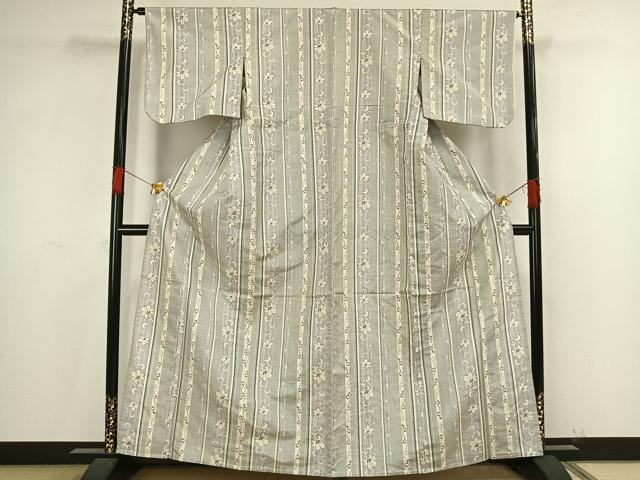 平和屋着物▽上質な紬 単衣 花唐草間道 正絹 逸品 AAAV8457fy