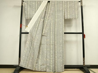 平和屋着物▽上質な紬 単衣 花唐草間道 正絹 逸品 AAAV8457fy