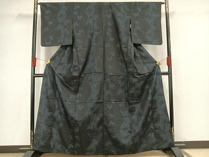 平和屋着物▽上質な紬 単衣 舞蝶文 黒地 正絹 逸品 AAAV8463fy