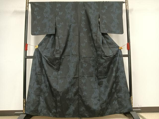 平和屋着物▽上質な紬 単衣 舞蝶文 黒地 正絹 逸品 AAAV8463fy