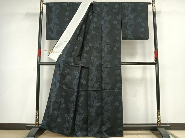 平和屋着物▽上質な紬 単衣 舞蝶文 黒地 正絹 逸品 AAAV8463fy