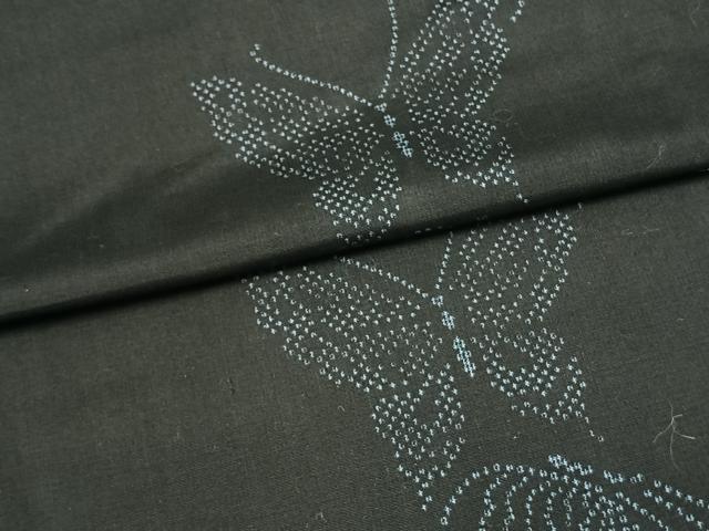 平和屋着物▽上質な紬 単衣 舞蝶文 黒地 正絹 逸品 AAAV8463fy