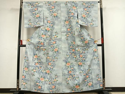 平和屋着物▽小千谷紬 単衣 草花文 正絹 逸品 AAAV8466fy