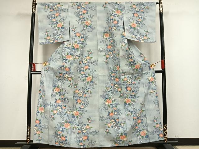 平和屋着物▽小千谷紬 単衣 草花文 正絹 逸品 AAAV8466fy