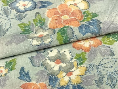 平和屋着物▽小千谷紬 単衣 草花文 正絹 逸品 AAAV8466fy