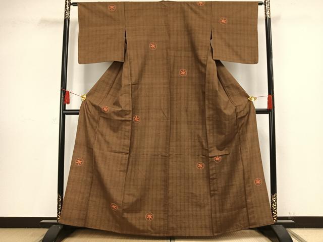 平和屋着物▽上質な紬 単衣 丸文 正絹 逸品 AAAV8467fy