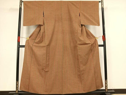 平和屋着物▽上質な紬 単衣 縞 正絹 逸品 AAAV8469fy