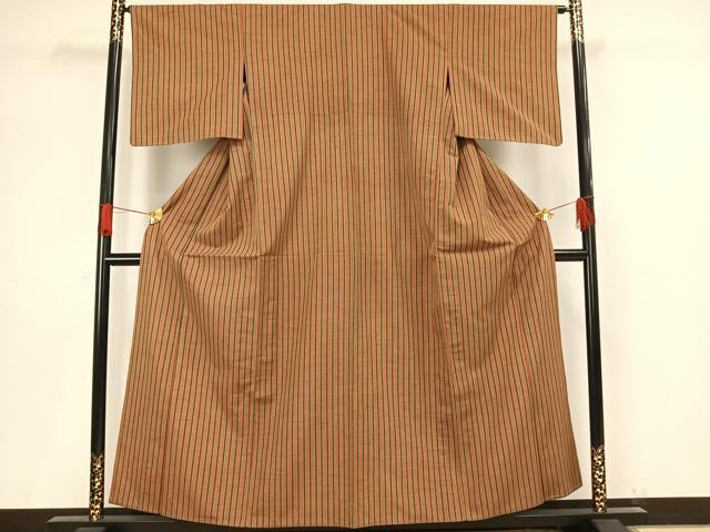 平和屋着物▽上質な紬 単衣 縞 正絹 逸品 AAAV8469fy
