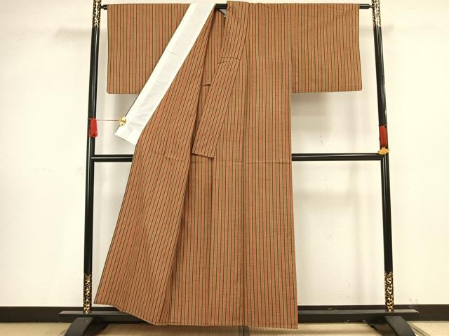 平和屋着物▽上質な紬 単衣 縞 正絹 逸品 AAAV8469fy