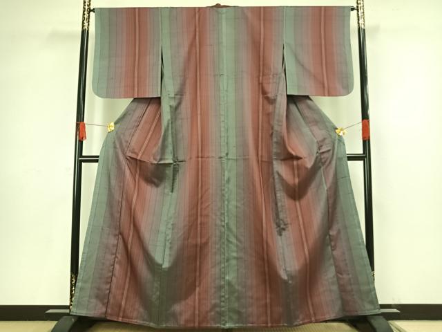 平和屋着物▽上質な紬 単衣 縞 正絹 逸品 AAAV8471fy