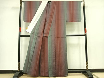 平和屋着物▽上質な紬 単衣 縞 正絹 逸品 AAAV8471fy