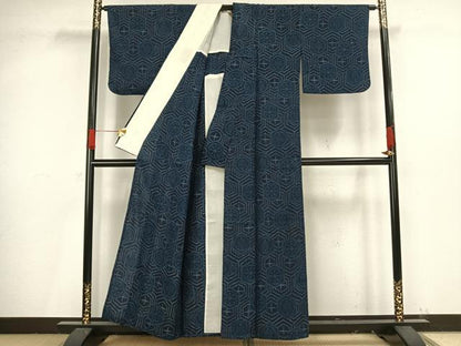 平和屋着物▽上質な紬 単衣 亀甲文様 正絹 逸品 AAAV8475fy