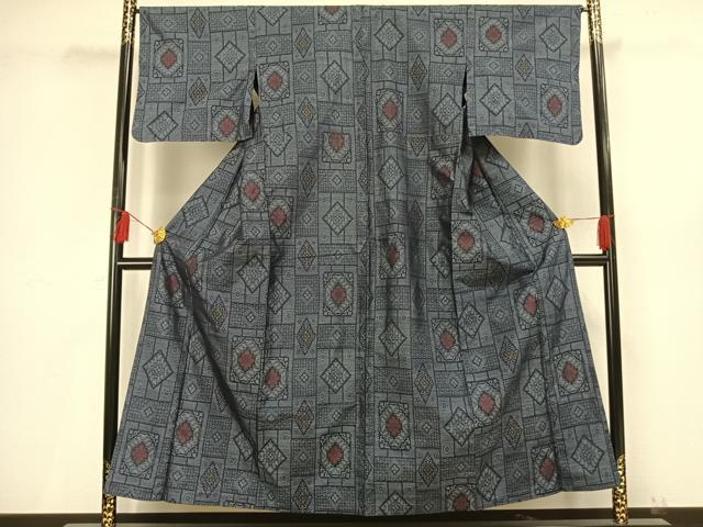 平和屋着物▽本場大島紬　単衣　色紙花文　正絹　逸品　AAAV8478fy