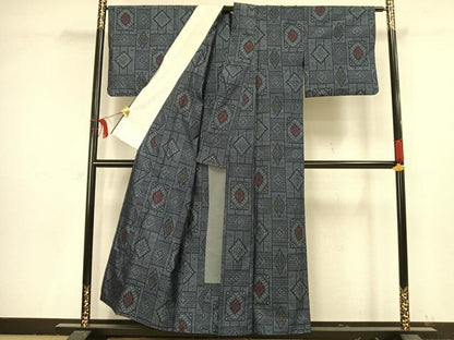 平和屋着物▽本場大島紬　単衣　色紙花文　正絹　逸品　AAAV8478fy