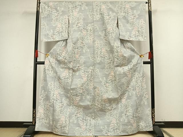 平和屋着物▽上質な紬 単衣 樹林文 正絹 逸品 AAAV8483fy