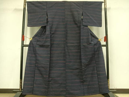 平和屋着物▽上質な紬 単衣 横縞 正絹 逸品 AAAV8484fy