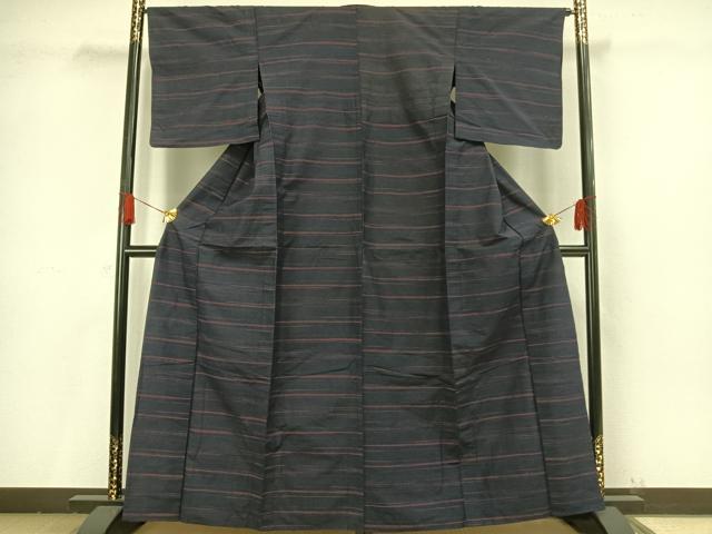平和屋着物▽上質な紬 単衣 横縞 正絹 逸品 AAAV8484fy