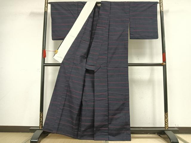 平和屋着物▽上質な紬 単衣 横縞 正絹 逸品 AAAV8484fy