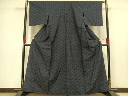 平和屋着物▽結城紬　単衣　80亀甲　麻の葉文様　正絹　逸品　AAAV8489fy