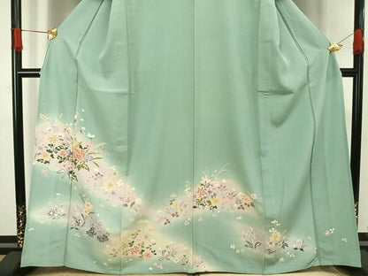 平和屋着物▽訪問着　単衣　駒刺繍　草花文　暈し染め　正絹　逸品　AAAV8493fy