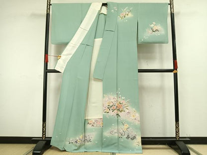 平和屋着物▽訪問着　単衣　駒刺繍　草花文　暈し染め　正絹　逸品　AAAV8493fy