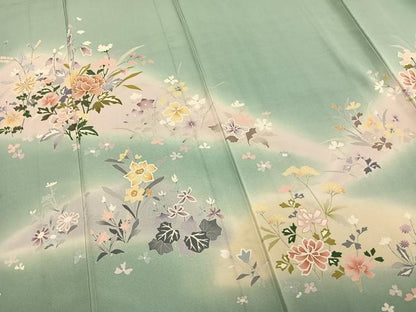 平和屋着物▽訪問着　単衣　駒刺繍　草花文　暈し染め　正絹　逸品　AAAV8493fy