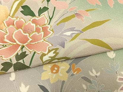 平和屋着物▽訪問着　単衣　駒刺繍　草花文　暈し染め　正絹　逸品　AAAV8493fy