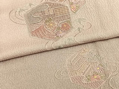 平和屋着物▽訪問着 単衣 中国三大刺繍 汕頭刺繍 スワトウ刺繍 亀甲風景花文 正絹 逸品 AAAV8494fy