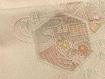 平和屋着物▽訪問着 単衣 中国三大刺繍 汕頭刺繍 スワトウ刺繍 亀甲風景花文 正絹 逸品 AAAV8494fy