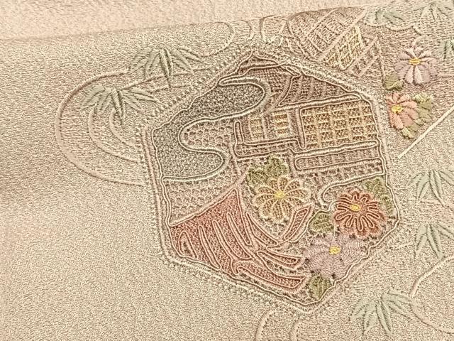 平和屋着物▽訪問着 単衣 中国三大刺繍 汕頭刺繍 スワトウ刺繍 亀甲風景花文 正絹 逸品 AAAV8494fy