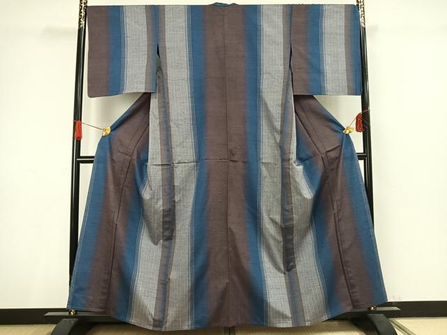 平和屋着物▽上質な紬 単衣 縞 正絹 逸品 AAAV8497fy