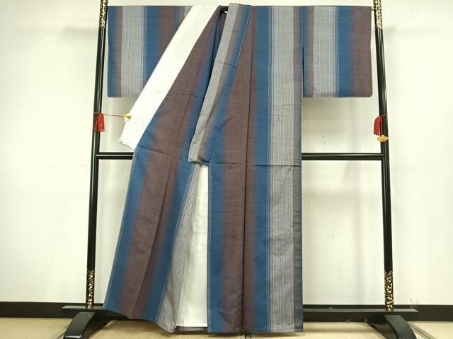 平和屋着物▽上質な紬 単衣 縞 正絹 逸品 AAAV8497fy