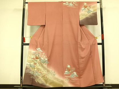 平和屋着物▽訪問着 単衣 草花文 暈し染め 金銀彩 正絹 逸品 AAAV8507fy