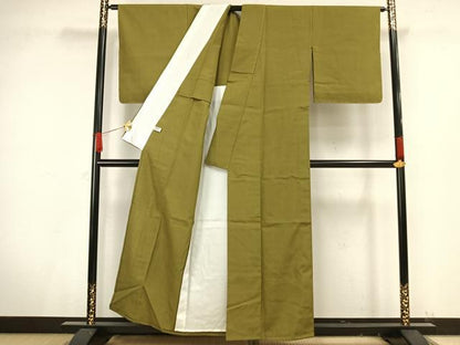 平和屋着物▽上質な紬 単衣 色無地 鶯色 正絹 逸品 未使用 AAAV8508fy