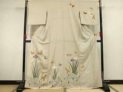 平和屋着物▽訪問着 単衣 花蝶文 鬼しぼ縮緬 霞色地 正絹 逸品 AAAV8509fy