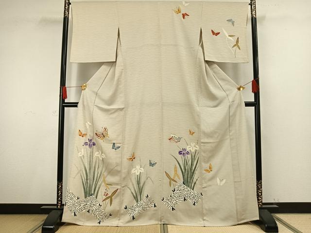 平和屋着物▽訪問着 単衣 花蝶文 鬼しぼ縮緬 霞色地 正絹 逸品 AAAV8509fy