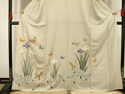 平和屋着物▽訪問着 単衣 花蝶文 鬼しぼ縮緬 霞色地 正絹 逸品 AAAV8509fy