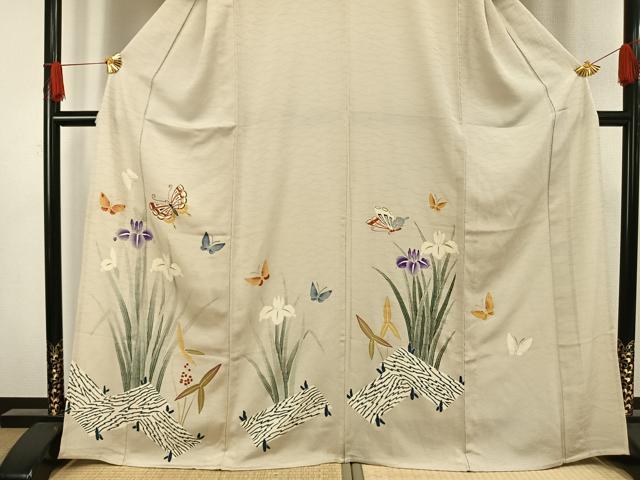平和屋着物▽訪問着 単衣 花蝶文 鬼しぼ縮緬 霞色地 正絹 逸品 AAAV8509fy