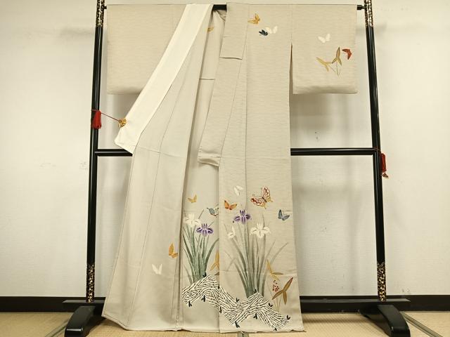 平和屋着物▽訪問着 単衣 花蝶文 鬼しぼ縮緬 霞色地 正絹 逸品 AAAV8509fy