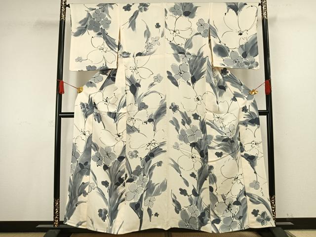 平和屋着物▽上質な小紋　単衣　手描き　草花文　暈し染め　正絹　逸品　AAAV8511fy