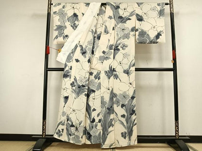 平和屋着物▽上質な小紋　単衣　手描き　草花文　暈し染め　正絹　逸品　AAAV8511fy