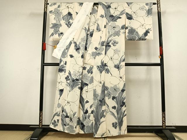平和屋着物▽上質な小紋　単衣　手描き　草花文　暈し染め　正絹　逸品　AAAV8511fy