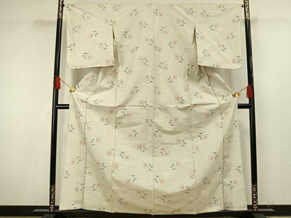 平和屋着物▽上質な紬　単衣　色紙草花文　正絹　逸品　AAAV8513fy