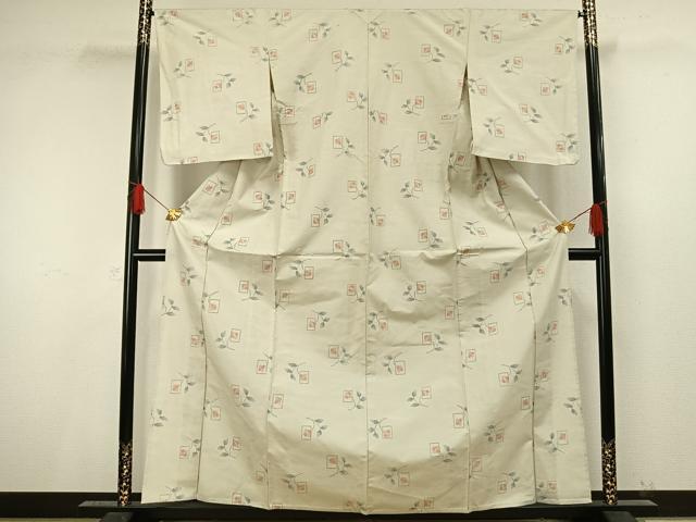 平和屋着物▽上質な紬　単衣　色紙草花文　正絹　逸品　AAAV8513fy