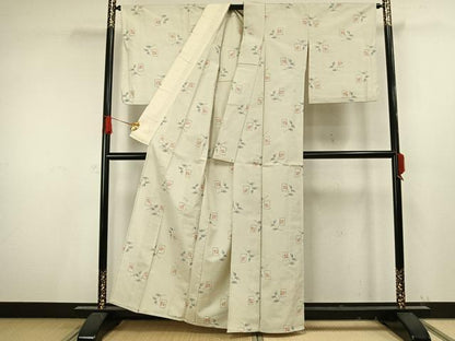 平和屋着物▽上質な紬　単衣　色紙草花文　正絹　逸品　AAAV8513fy