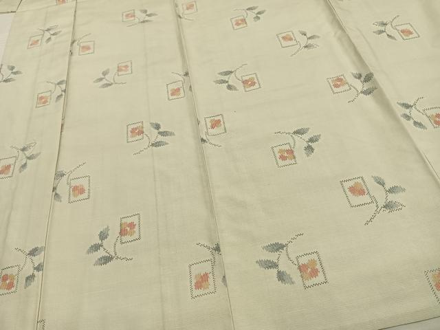 平和屋着物▽上質な紬　単衣　色紙草花文　正絹　逸品　AAAV8513fy
