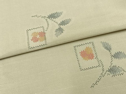 平和屋着物▽上質な紬　単衣　色紙草花文　正絹　逸品　AAAV8513fy