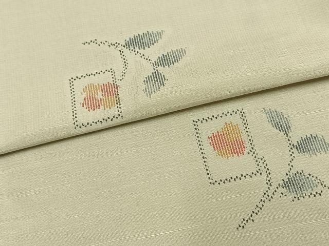 平和屋着物▽上質な紬　単衣　色紙草花文　正絹　逸品　AAAV8513fy