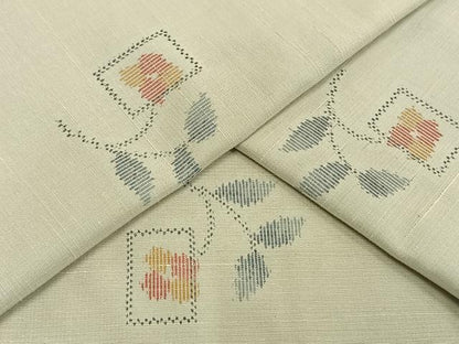 平和屋着物▽上質な紬　単衣　色紙草花文　正絹　逸品　AAAV8513fy