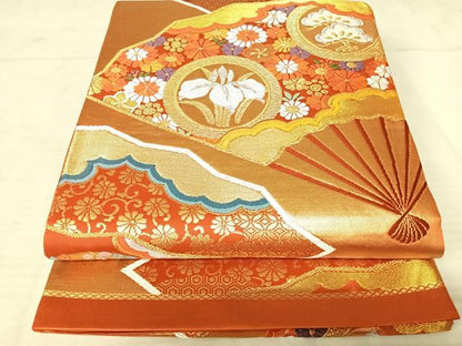 平和屋着物◎六通柄袋帯　唐織　扇面花文　金銀糸　正絹　逸品　AAAV8645yx